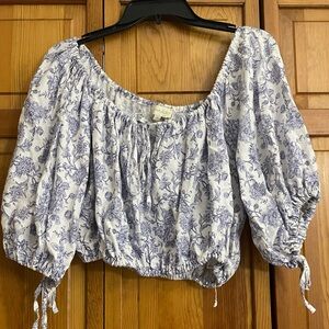 Blue Floral Vintage Renaissance Cottagecore Peasant Crop Top Cynthia Rowley